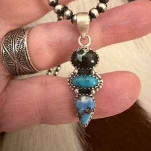 ❤️ Kingman, Black Jack & Golden Hills Turquoise Navajo Style Matte 925 Pendant